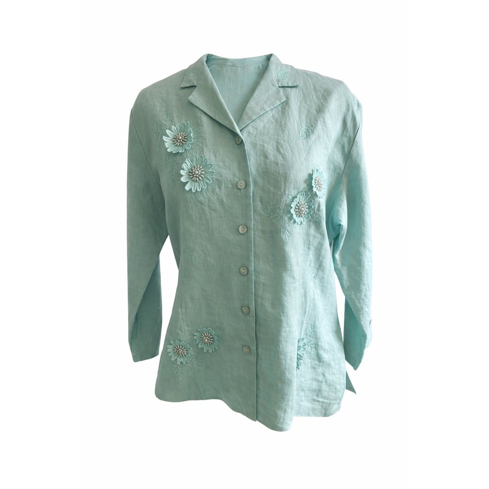 Anne Carson Sea Glass Linen Blouse Jacket NWT Size Large Embellished